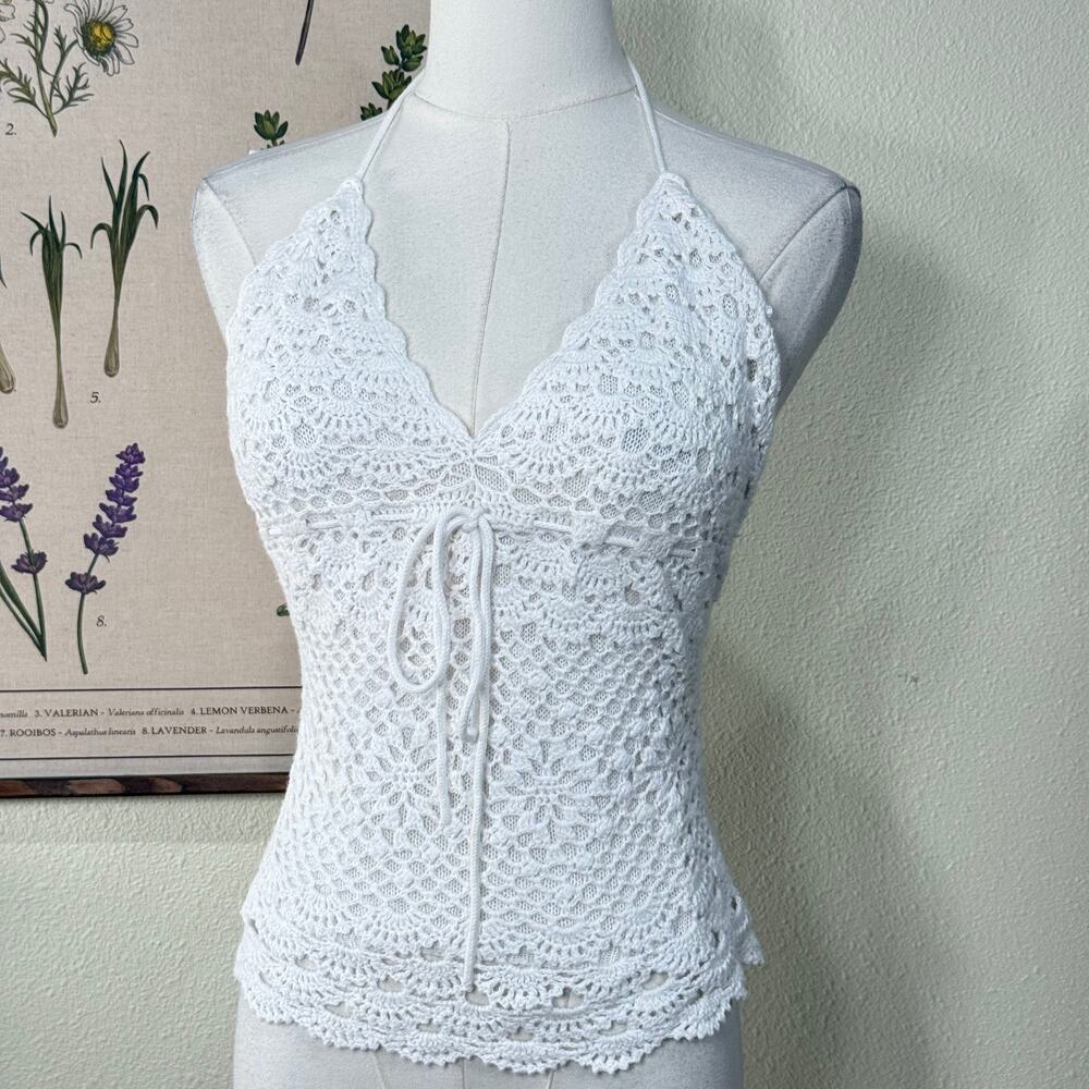 Vintage 90s Y2k Crochet Babydoll Halter Top Coastal Cowgirl Fairy Shabby Chic S